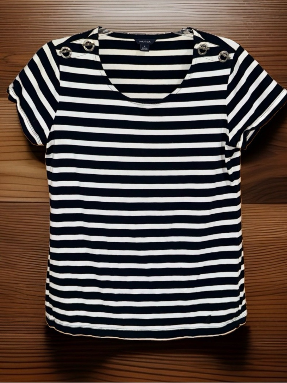 Nautica Women’s Black & White Striped Short Sleeve Top w/Grommet accents-L-EC